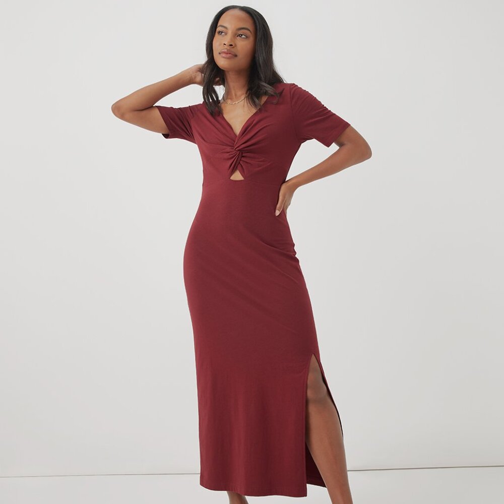 NWT Pact Luxe Jersey Knot Maxi Dress, Pomegranate, Sz M